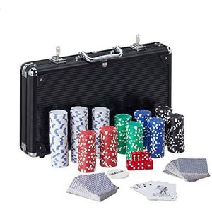 Relaxdays poker set, 300 Chip zonder waarde, 2 kaartspelen, 5 dobbelstenen, Dealer button, afsluitbaar, aluminium, zwart