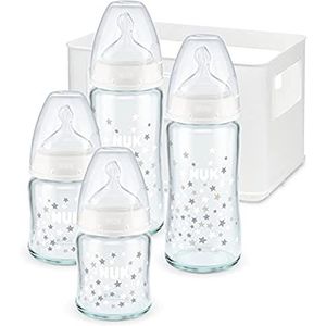 NUK 10225253rterset glazen babyflessen van NUK First Choice+ 0-6 maanden 4 voedingsflessen met temperatuurcontrole en flessenkrat Antikoliekopening BPA-vrij Grijs en wit