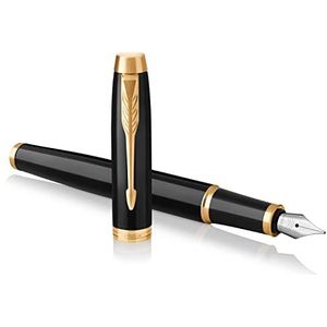 Parker IM-vulpen | Zwarte lak met gouden afwerking | Medium penpunt met blauwe inktnavulling | Geschenkverpakking