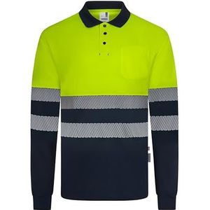 VELILLA 305535; poloshirt van gerecycled polyester, tweekleurig, lange mouwen, segmentband, marineblauw en neongeel, maat 2XL, marineblauw en neongeel, XXL