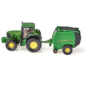 siku 1665, John Deere Tractor with Round Baler and 2 Bales, Metal/Plastic, Green, Moving parts