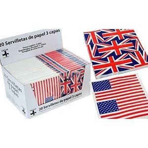 Display 24 verpakkingen met 20 drielaagse papieren servetten, versierd met Amerikaanse en Britse vlaggen, 33 x 33 cm