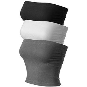MixMatchy Women's Solid Casual Summer Side Shirring Scrunched Double Layered Tube Top 3PACK - Black/Charcoal/White L