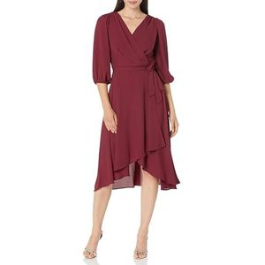 DKNY Women's Balloon Sleeve Faux Wrap Midi Dress, New Maroon, 4