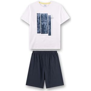 Sanetta Jongenspyjama kort wit | Hoogwaardige en comfortabele pyjama van katoen voor jongens met korte mouwen pyjama met wolf-motief | pyjamaset voor jongens, wit, 128