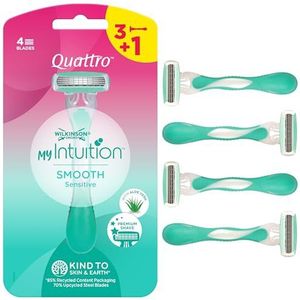 Wilkinson Sword - MyIntuition Smooth Sensitive Quattro - Wegwerpscheerapparaat - Scheerapparaat met 4 messen voor dames - 2 glijstroken met Aloë Vera en Vitamine E - Pack 3 + 1