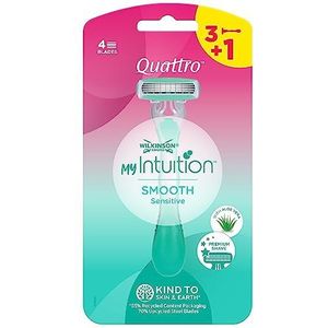 Wilkinson Sword - MyIntuition Smooth Sensitive Quattro - Wegwerp scheermes - Scheerapparaat met 4 messen voor dames - 2 glijstrips met aloë vera en vitamine E - Pack 3+1