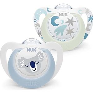 NUK Star Night & Day fopspeen voor baby's | 0-6 maanden | Lutscher in het donker | Silicone vrij BPA | Blue Coala | 2 stuks