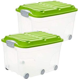 Rotho Roller 6 Set van 2 opbergboxen 57l met deksel en wielen, Kunststof (PP) BPA-vrij, transparant/groen, 2 x 57l (60.0 x 40.0 x 37.0 cm)