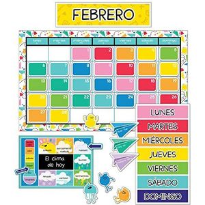 Carson Dellosa Happy Place Spaanse kalender prikbordset, klaslokaal kalender met maandelijkse kalenderkoppen, vakantie, verjaardag, blanco cover-ups, weer, seizoenen, dagen van de week grafiek (139