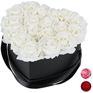Relaxdays flowerbox hart, 18 rozen, zwarte rozenbox, bruiloft, Valentijnsdag, rozen in doos, decoratie, wit
