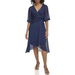 DKNY Women's 3/4 Balloon Sleeve Twist Front Chiffon Midi Dress, Midnight Navy, 14