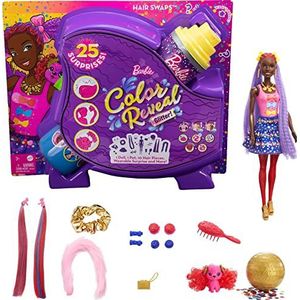 ​Barbie Color Reveal Glitter Hair Swaps pop, glanzend blauw met 25 verrassingen voor kapsels en feestjes, waaronder 10 verwisselbare hairextensions, cadeau voor kinderen vanaf 3 jaar