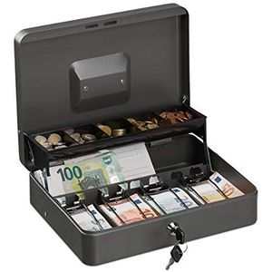 Relaxdays geldkistje met slot, bakje voor munten & briefgeld, geldkluisje ijzer HBD: 8,5 x 30,5 x 24,5 cm, grijs