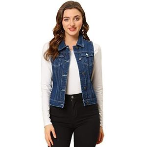 Allegra K Afgewassen jeansvest met knopen, W-vest met borstflapzakken, L