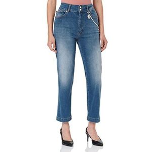 Love Moschino Cropped Overdyed Triblend Denim Gepersonaliseerd met Logo Chain and Heart Casual Broek Dames, Blauwe Denim, 34