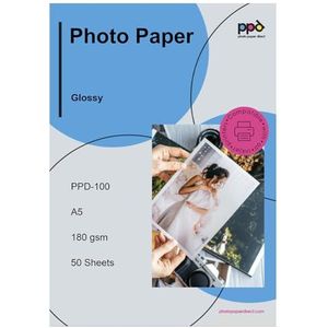 PPD A5 x 50 vel Inkjet PREMIUM Fotopapier 180 g/m2 Hoogglans, Direct Droog, Waterbestendig - Professionele kwaliteit - PPD-100-50