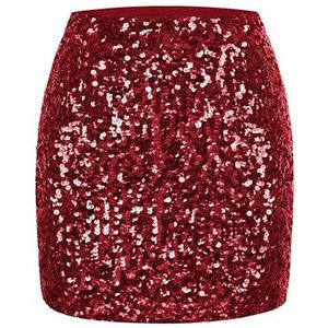 MANER Vrouwen Pailletten Rok Sparkle Stretchy Bodycon Mini Rokken Night Out Party, Bordeaux, L