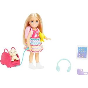 Barbie Speelgoed, Chelsea Pop en Accessoires, reisset met puppy en 6 onderdelen, zoals een reismand voor huisdieren, HJY17