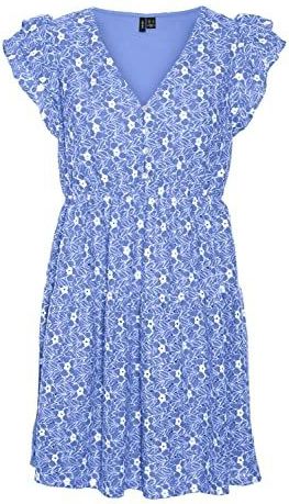 VERO MODA - SONEY - Jurk - Lichtblauw/Wit - Katoen - V-hals - Kwartmouw