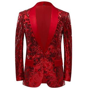 PYJTRL - Elegant Herenjack - Rood - Satijnen Gezicht met Pailletten en Bloemenpatroon