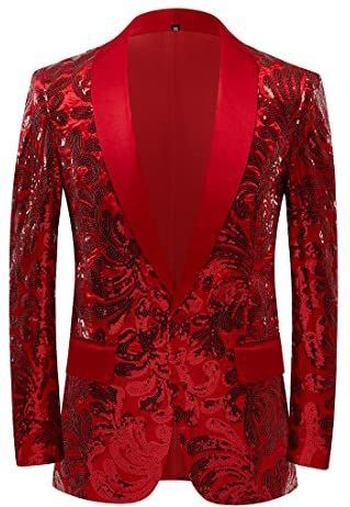 PYJTRL - Elegant Herenjack - Rood - Satijnen Gezicht met Pailletten en Bloemenpatroon