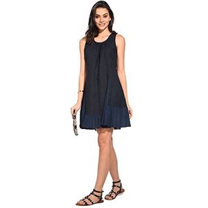 Bonateks Damesjurk van 100% linnen, gemaakt in Italië, middellange jurk met ruches en ronde kraag aan de voorkant gevouwen, marineblauw, maat: M, Marineblauw, M