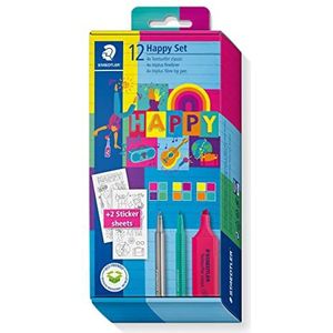 STAEDTLER Markeerset, in de kleurrijke Happy-Colours, 4 markeerstiften, 4 viltstiften, 4 fineliners, stickers om te kleuren, lange levensduur, verschillende lijnbreedtes, 61 SC1 HA