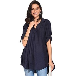 Bonateks Dames tuniek top 100% linnen gemaakt in Italië, blouse met V-hals en lange mouwen, marineblauw, maat: XL, Marineblauw, XL