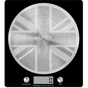 Salter 1036 UJBKDR Disc Electronic Scale, Seen on TV, Stylish Slim Design, Kitchen Cooking, Stainless Steel Platform, Add & Weigh, Measures Liquids/Fluids, 5KG Max Capacity, Union Jack Design