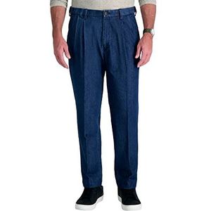 Haggar Men's Stretch Denim Expandable Waist Classic Fit Pleat Front Pant, Medium Blue, 40Wx34L