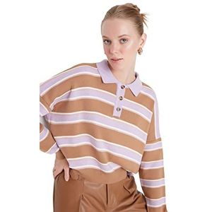 Trendyol Dames Camel Color Blocked Polo Collar Knitwear Sweater, L