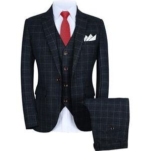 MOGU Mens 3-Piece Slim Fit Plaid Suit - Blazer, Vest, and Pants Set for Wedding, Prom, and Business US Size 42 Jacket and 38 Pants Dark Blue