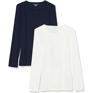 Amazon Essentials Dames Slim-Fit gelaagdheid lange mouwen gebreide rib ronde hals (verkrijgbaar in grote maten), pak van 2, wit/marineblauw, L