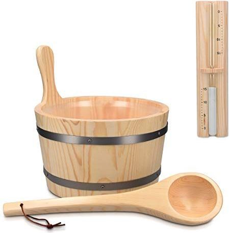 Navaris complete set sauna accessoires - Sauna-emmer met opgietlepel en zandloper - Opgietset incl saunaemmer - Diameter 27,5 cm - Van dennenhout