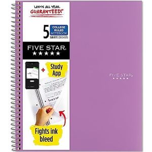 Five Star Spiraalnotitieboek + leer-app, 5 vakken, college papier, bestrijdt inktverloop, waterafstotende omslag, 21,6 x 27,9 cm, 200 vellen, violet (38748)