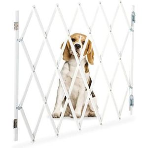 Relaxdays hondenhekje, uitschuifbaar, max. 118 cm breed, 69-82,5 cm hoog, bamboe, veiligheidshek deur en trap, wit