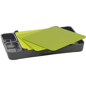 Calitek CAL152 Chopping Board Set With Sorting Containers, Includes 3 Chopping/Serving Boards & 3 Food Prep Container Bowls, Easy to Separate and Sort Food, Keeps Worktops Tidy, Green/Grey