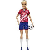 Barbie Voetballer, blond met paardenstaart, kleurrijk tenue met nr. 9, voetbal, schoenen met noppen, lange sokken, geweldig op sport geïnspireerd cadeau voor kinderen van 3 jaar en ouder, HCN17