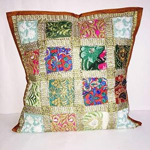 Kussensloop, Indisch, handgemaakt, decoratief, vierkant, traditioneel, patchwork-design, vintage stijl, 61 x 61 cm, bruin