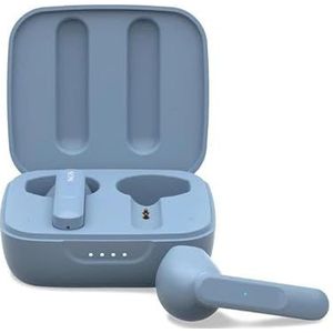 Bluetooth-hoofdtelefoon met oplaadbox, looptijd van 7 uur, kleur: blauw, ideaal voor draadloos luisteren naar muziek en telefoneren.