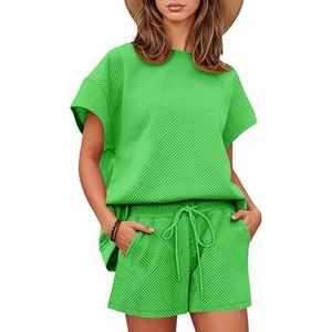 Tankaneo Loungewear set voor dames, tops en shorts met korte mouwen, 2-delige outfits, bijpassende loungepyjamaset met zakken, Olijfdrab, M