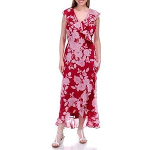 London Times Dames Chiffon Faux Wrap Ruche Maxi Jurk Gast van Bruiloft Casual Nacht, Rood/Zacht Wit, 16, Rood/Zacht Wit, 42