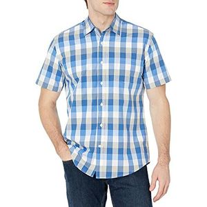 Amazon Essentials Men's Poplin overhemd met normale pasvorm en korte mouwen, Blauw/Grijs, XL