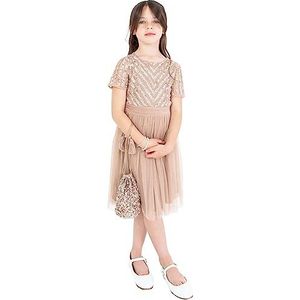 Maya Deluxe Midi-jurk voor meisjes voor bruiloft met lovertjes versiering korte mouwen prom verjaardagsfeestje bruidsmeisje, Taupe Blush, 5-6 jaar