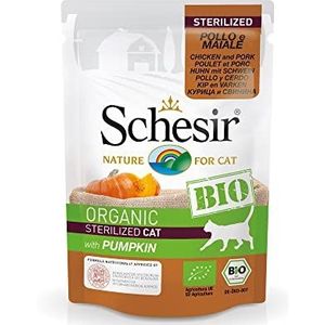 Schesir BIO volledig natvoer voor volwassen gesteriliseerde katten, kip- en varkensvlees met pompoenvrij - 16 sachets van 85 g (totaal 1,36 kg)