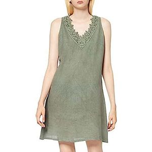 Bonateks, Mouwloze jurk met borduurwerk op de V-hals, 100% linnen, De-maat: 34 Amerikaanse maat: S, licht kaki - gemaakt in Italië, groen, 34