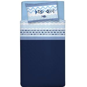 PENSIERI DELICATI Beddengoedset voor eenpersoonsbed, 100% katoen, beddengoedset voor eenpersoonsbed, 90 x 200 cm, inclusief hoeslaken, bedlaken en 1 kussensloop, gemaakt in Italië, motief: blauwe