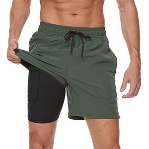 Arcweg Heren Compressie Voering 2 in 1 Ademende Zwemshort Heren Elastische Trainingsshort Verstelbaar Koord met Ritszakken, legergroen, L