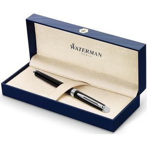 Waterman Hémisphère-vulpen | Glimmend zwart met chromen rand | Medium penpunt | Zwarte inkt | Cadeauverpakking